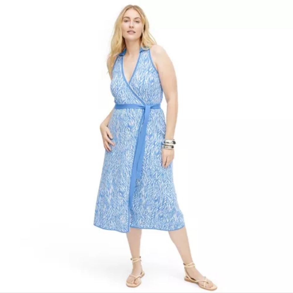 Diane von Furstenburg DVF Blue Collared Sleeveless Sweaterknit Wrap Dress XXL